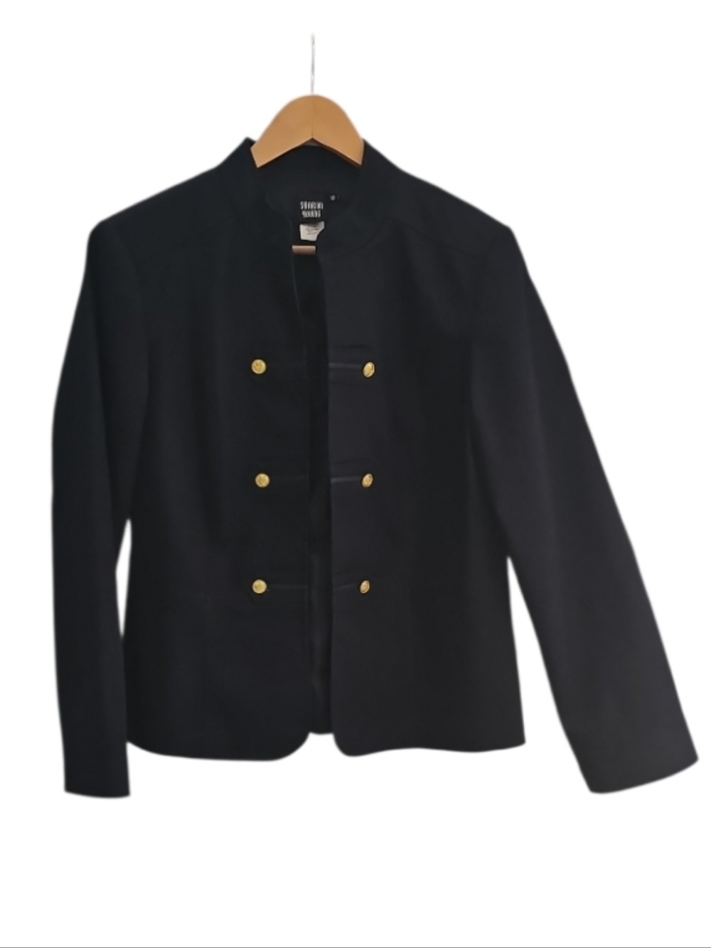 Sharon Young Dark Denim Stretch Military Jacket Gold Button Open Front Sz 12